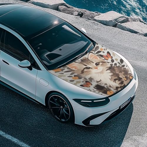 Image of Cat Car Hood Protector, Cute Watercolor Kitten Butterfly Can be Washed, Countryside Flower Field Automotive Exterior Accessories Car Hood Decoration and Protection(3X5FT)
