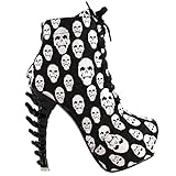 Show Story Punk Design Vintage Black Skull Print Women's High-top Bone High Heel Platform Ankle Boots,LF80647CH37,6US,Black Skull