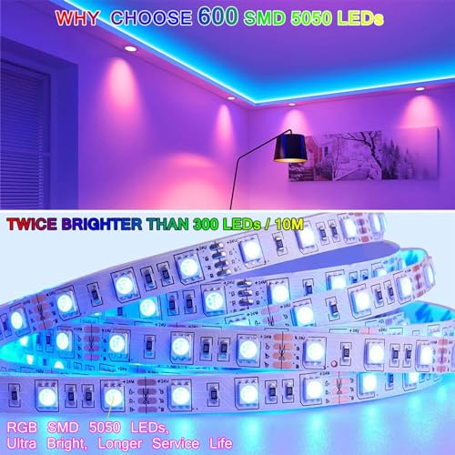 Image of 2X10M 60 LED /M 5050 RGB SMD Non-Waterproof Color Changing Led Strips Light Kit +44 Key IR Remote+24V AC Power Supply for Home Lighting and Kitchen Decorative