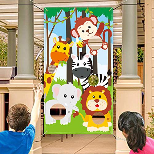 Safari Animals Toss Games Banner with 5 Bean Bags for Kids Children's Family Party Zoo Animals Theme Indoor Outdoor Parties Supplies Decoration