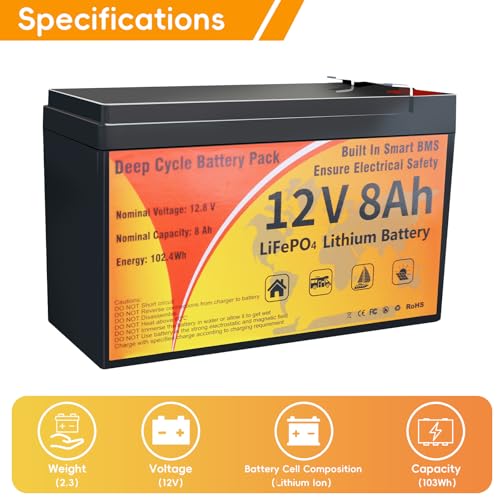 Image of 12V 100Ah 8Ah LiFePO4 Lithium Battery, Smart 100A BMS & Low Temp Cut-Off, 4000-15000 Deep Cycle 10-Year Life Lightweight Replacement Waterproof (12V 8Ah)