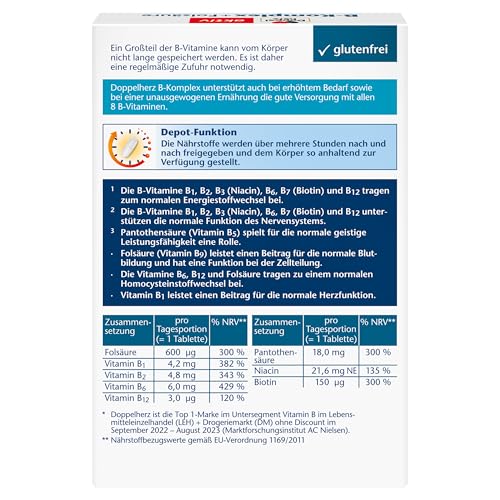 Doppelherz B-Komplex DEPOT mit Folsäure - B-Vitamine als Beitrag für die normale Funktion des Nervensystems und den normalen Energiestoffwechsel - 45 Tabletten
