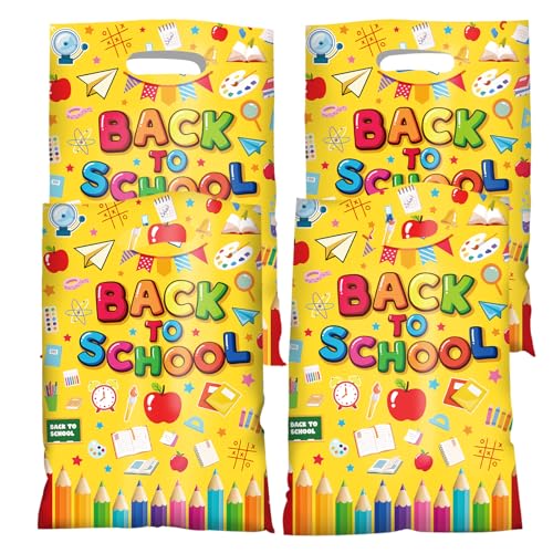 Jocomoni 50Pcs Back to School Goodie Bags Treat Bags Plastic Candy Treat Bag with Handle Gift Bag for First Day of School Decorations Gift Prize Party Favor Office Supply