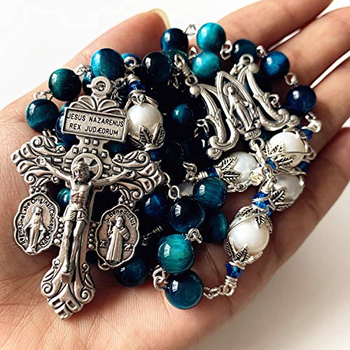 elegantmedical HANDMADE Peacock Blue Tiger Eye Beads Prayer Beads & (AAA) 10mm Pearl Catholic 5 Decade Rosary Cross Necklace Gift Box Italy Parden Crucifix3