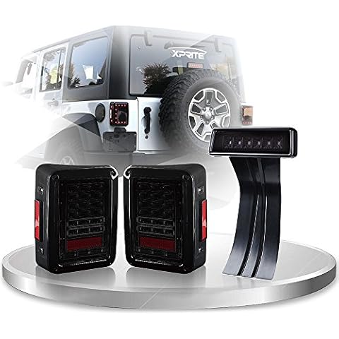 Xprite Smoked Lens Red LED Tail Lights w/ Turn Signal & Back Up & Smoke 3rd LED Brake Light Assembly For Jeep Wrangler JK JKU 2007 - 2018 Cover