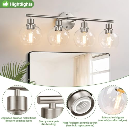 Image of Indoi 4-Light Bathroom Light Fixtures, Brushed Nickel Modern Vanity Lights Over Mirror with Clear Glass Globe Shade, Bathroom Wall Sconces for Mirror Kitchen Living Room Hallway Cabinet Bedroom Porch