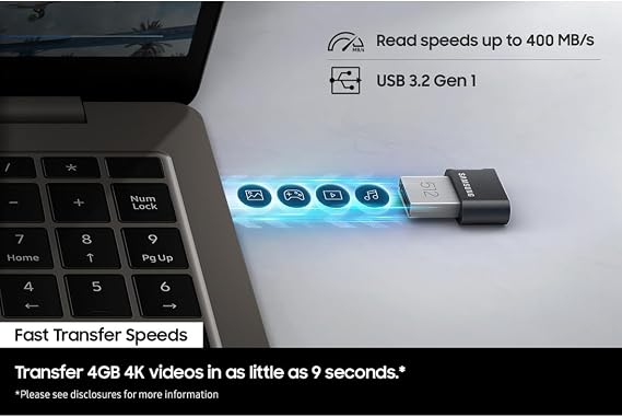 Samsung FIT Plus USB Flash Drive Type-A, 512GB, 400MB/s Read, 110MB/s Write, Compact USB 3.2 Memory Stick with Key Ring, Grey, MUF-512AB/APC