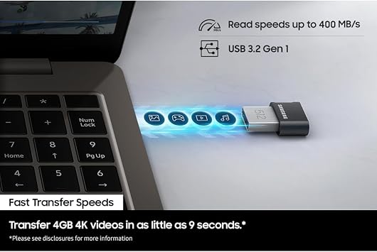 Samsung FIT Plus USB Flash Drive Type-A, 512GB, 400MB/s Read, 110MB/s Write, Compact USB 3.2 Memory Stick with Key Ring, Grey, MUF-512AB/APC