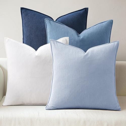 Blue Throw Pillow Covers 18x18 Inch Corduroy Set of 4 Decorative Couch Summer Pillow Cases Farmhouse Boho Modern Coastal Velvet Cushion Covers for Sofa Bed Living Room Home Light Blue Navy Series
