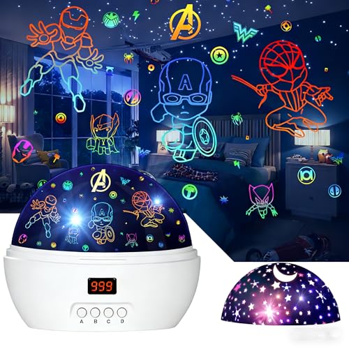 MOKOQI Kid Light Projector Superhero Toys for Boys 5-7 Avengers Night Light Projector with Timer for Kids Room 360 Degree Rotation Toddler Nightlights with Spiderman Figurine Star Lamps White