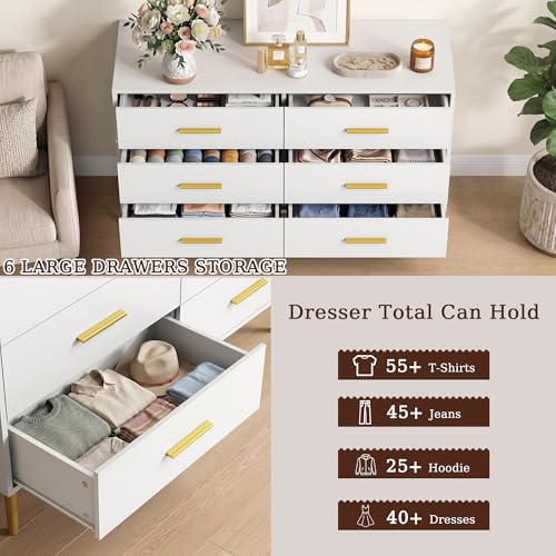 Image of White 6 Drawer Dresser for Bedroom, 47 inch Wood Dresser with Gold Handles.