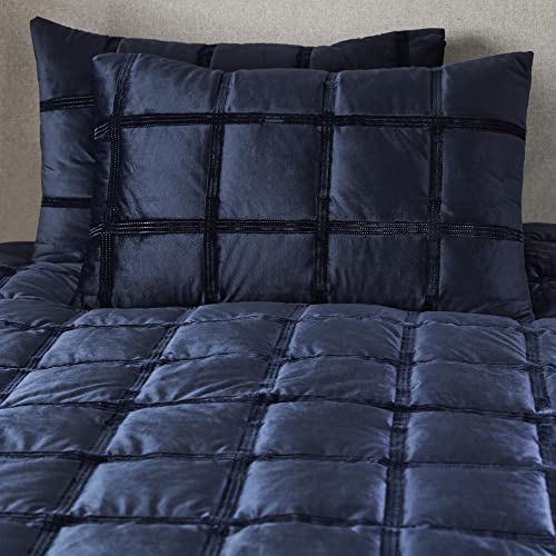 SOIREE - Luxury Velvet Duvet Cover - King Size - Navy Blue - 2x Pillowcases - Box Stitched - Square Set - Image 3