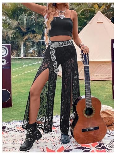 SweatyRocks Women's Split Lace Pants Gothic Grunge See Through Wide Leg Trousers Bell Bottoms4