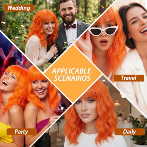 Image of Pastel Bright Orange Wavy Bob Wig for Women, Short Shoulder Length Synthetic Wig with Bangs, Matte Natural Realistic Look Lightweight Hairpiece, Orange Color for Gift & Cosplay Costume