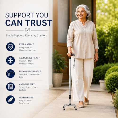 Image of PulGos 4-Leg Walking Stick for Men & Women | ๐๐๐ฃ๐ฎ๐ฌ๐ญ๐๐๐ฅ๐ Height Walking Cane with Anti-Slip Base | Strong Mild Steel Support Stick with Comfortable Grip | Lightweight & Stable for Daily Use