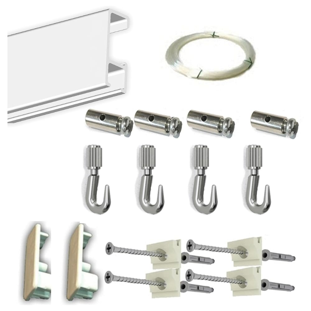 Pack Basic FAST de 150cm de Guías de Aluminio con 4 colgadores con hilo de Nylon para Colgar Cuadros o Marcos (Blanco)
