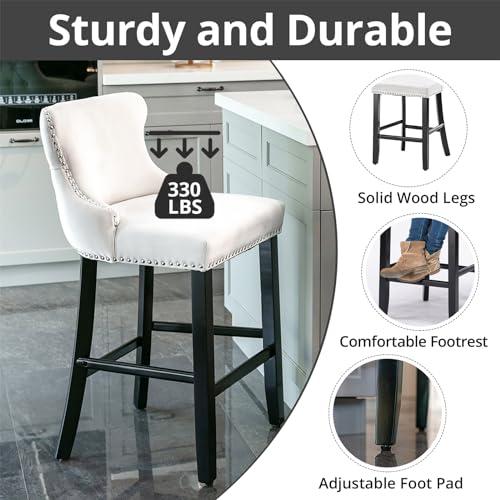 i-POOK Counter Height Bar Stools Set of 2, Velvet Upholstered Barstools with Solid Wood Legs, Button Tufted and Nailheads Trim, Wing-Back Bar Chairs for Kitchen Island Dining Room Pub, White - Thumbnail 5