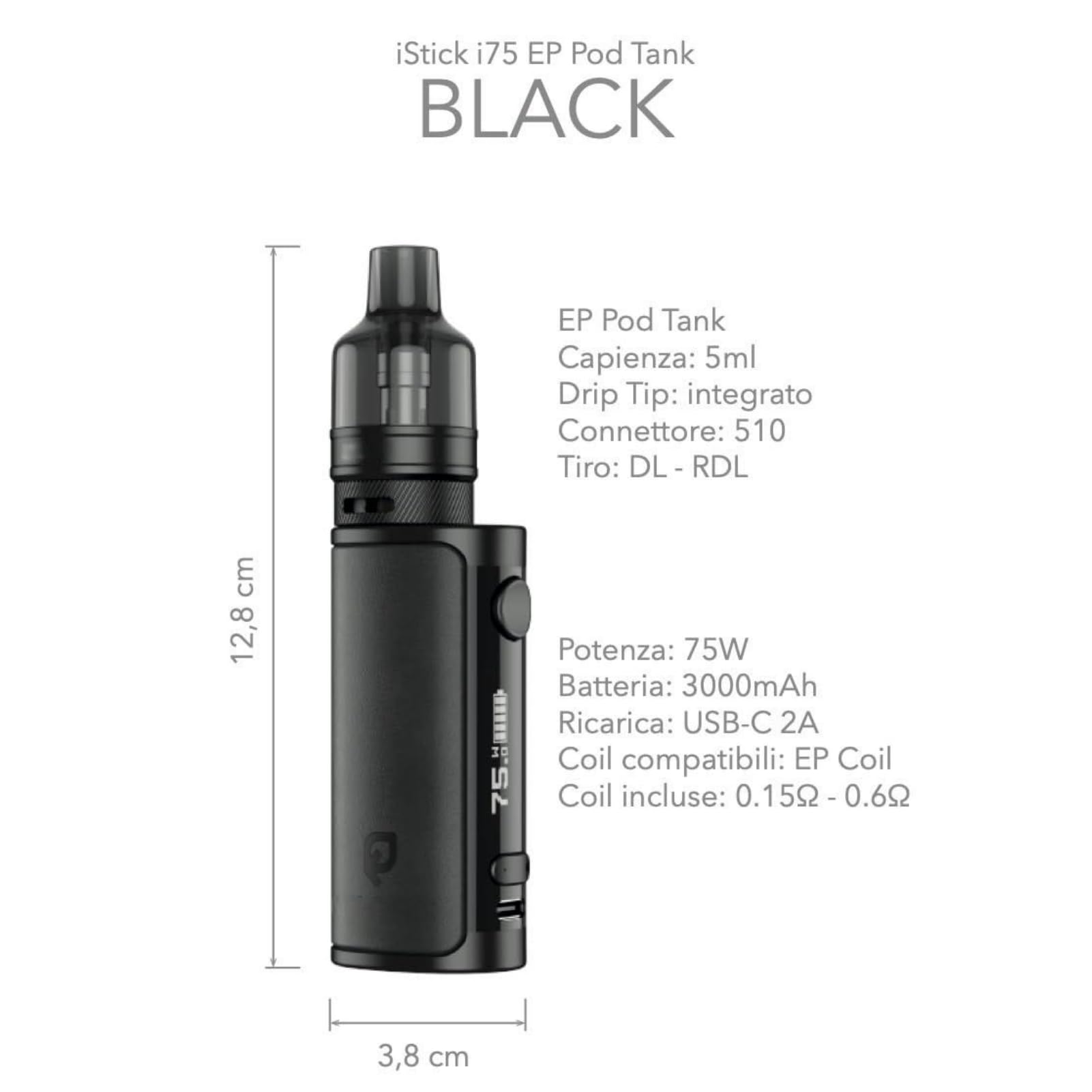 For Eleaf iStick i75 Kit 75 W Mod Batteria 3000 mAh (Nero) Dotato di 5 ml