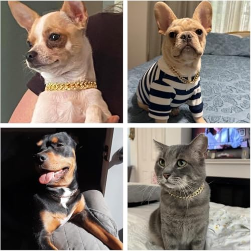 Image of Silver Cat Chain Collar with Bling，Sparkly Diamond Metal Cuban Link Dog Collars, Rhinestone Glitter Puppy Necklace for Small Medium Large Pet Dogs Cat