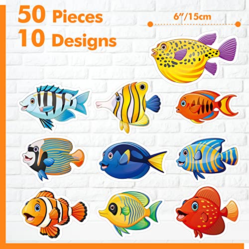 50 Stück Tropische Fischausschnitte, Bunte Fisch-Meerestier-Akzente, Ausschnitte, Pinnwand, Klassenzimmer-Dekoration in 10 Designs, Ozean-Motto-Party-Zubehör für Kinder, Lehrer, Schüler