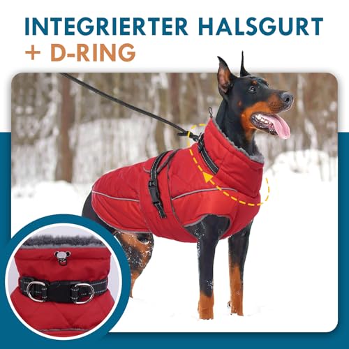 Katzinst Hundejacke Winter Schwarz L, Fleece Wintermantel Hunde mit Hohem Fleece-Kragen, Hundemantel mit Bauchschutz, Warmer Hundemantel Wasserbeständig für Dalmatiner, Cocker Spaniel, Rot, L