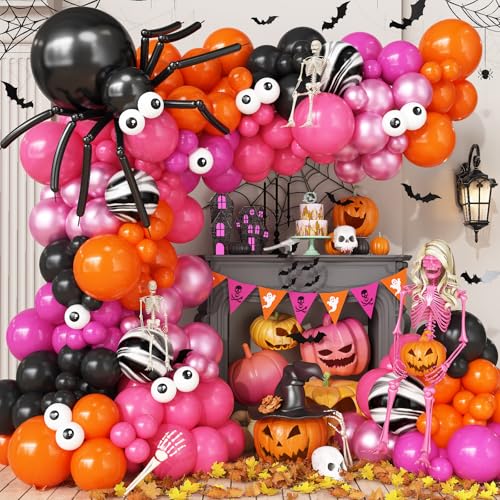 Halloween Balloons Arch Rose Pink Orange Balloons Garland Black Long Eyes Spider Balloon Wine Rose Red Metallic Pink Helium Latex Balloon Halloween Birthday Party Decorations Spooky Bridal Shower