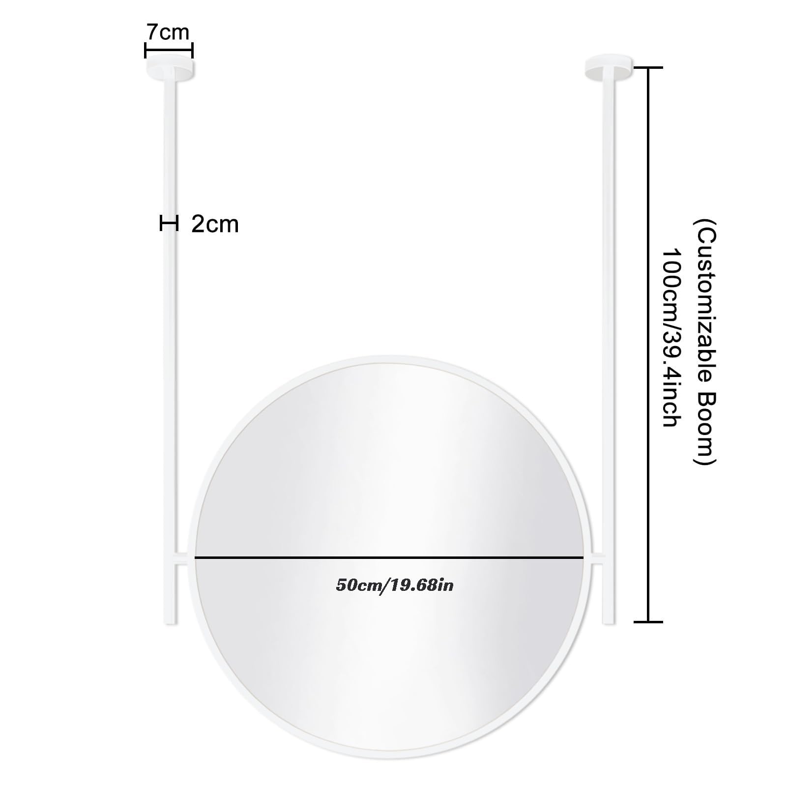 Okrągłe lustro sufitowe z białą metalową ramą i prętem, idealne do łazienki, toalety, makijażu, golenia, salonu, garderoby, wejścia (50 cm x pręt - 100 cm)