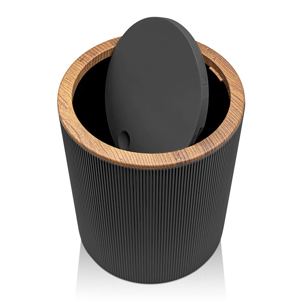 Inbagno Pattumiera 5lt, in plastica Nero Coperchio Basculante, Dettagli Effetto Legno, Serie Blob
