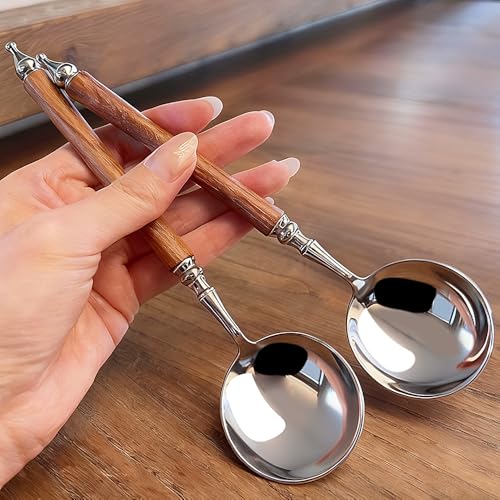 4 Stück Retro Französische Löffel 18.5CM Rundes Teelöffel Imitation Holzgriff Kaffeelöffel Edelstahl Espressolöffel Suppenlöffel Esslöffel...