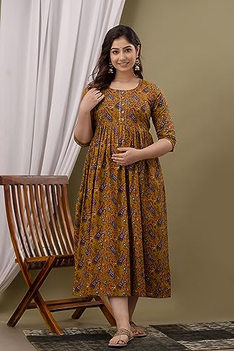 Image of Maternity Feeding Kurti for Women | Cotton Blend Anarkali Dress with Nursing Zip for Pre & Post Pregnancy