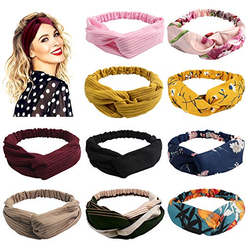 BAHABY 10 Pack Turban Headbands for Women Boho Headbands Vintage Flower Printed Criss Cross Elastic Hair Bands Head Wrap