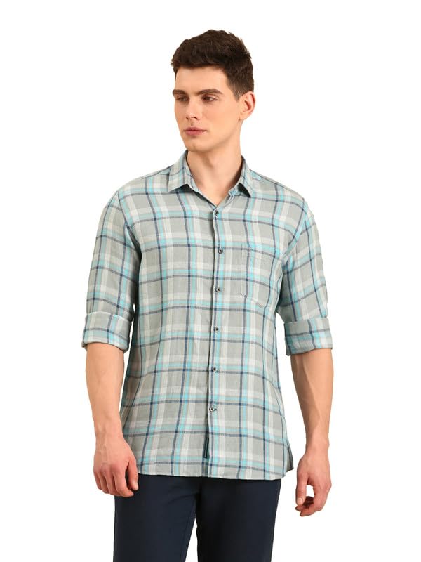 Image of Linen Club Men's Pure Linen Checked Contemporary Fit Full Sleeve Casual Shirt