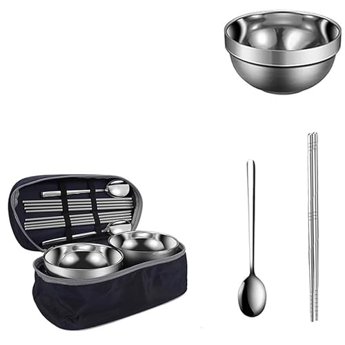 MDHEWSH ステンレス鋼製の屋外用ポータブルカトラリーセット 再利用可能な食器 ボウル、スプーン、箸を含む,ブルー,26*13.5*12cm