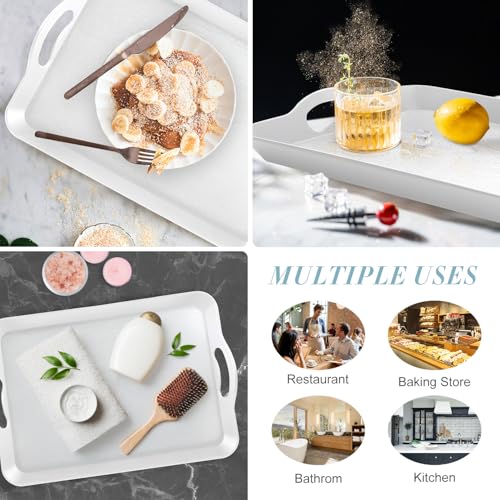 Armrouns 2PC White Serving Trays with Handles, 16 x 11.2 inch Rectangular Non Skid Multi-Purpose Plastic OttomanTray for Restaurant, Parties, Coffee Table, Kitchen - Thumbnail 6