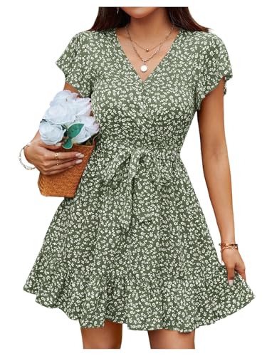 Floerns Women's Floral Cap Sleeve Boho Dress V Neck Ruffle Hem Belt Vacation A Line Dresses