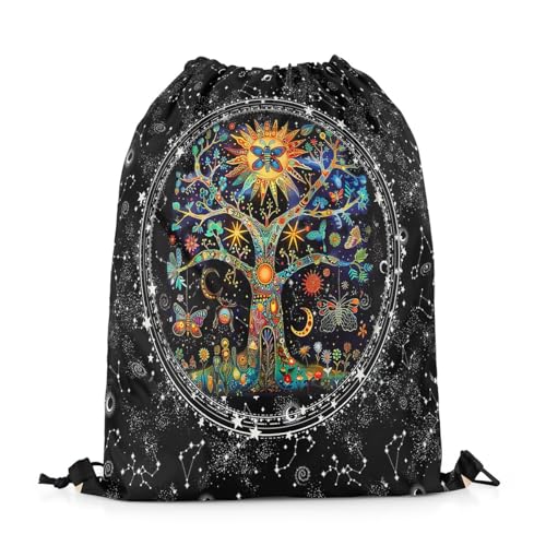 Feelyou Boho Exotic Tree Gym String Bag Bohemian Life Tree Drawstring Backpack Sun Moon Drawstring Bags for Women Men Galaxy Astrology Space Waterproof Cinch Bag Size3