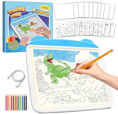 Caydo Light Up Tracing Pad 34Pcs Set, 3 Brightness Levels Eye Protection Light Box for Tracing, Drawing Writing Boards for Kids, Type-C & Battery Power Supply, Birthday Holiday Gifts for Girls Boys