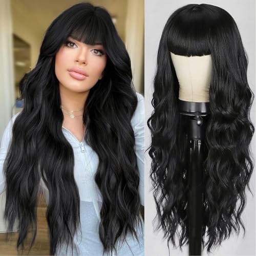 Long Wig With Bangs 26 Inches Synthetic Wavy Bang Wigs for Women Women Long Curly Heat Resistant Black Hair Wig for Girls Halloween Party Use (Black)
