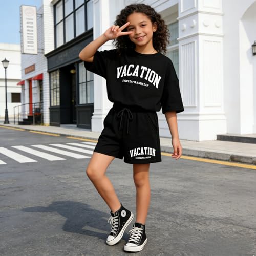 Image of Size 6-12 Years Girl's Tracksuit Sets 2 Piece Outfits Letter Print Vacation Tee Top and Drawstring Waist Shorts