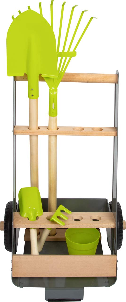 Garden Trolley Set made of beech wood and metal incl. spade, rake, plant pot, shovel and rake, for children from 3 years โ image 1