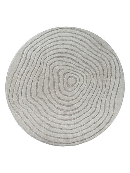 Tapis Rond Moderne à Relief Fluide avec Lignes organiques superposées - Dimension 120 cm Ronde, Couleur Gris