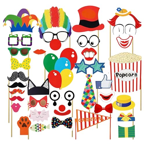 Conjunto de decoração circo de 36 peças para carnaval e festa, incluindo acessórios de fotografia, máscaras, chapéus, óculos e bigodes decoração circo para aniversários, carnaval e foto booth