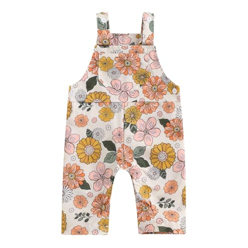 Toddler Baby Girl Fall Winter Clothes Floral Suspender Pants Sleeveless Front Packet Bib Overall Jumpsuit Romper (A-Apricot, 3-6 Months)