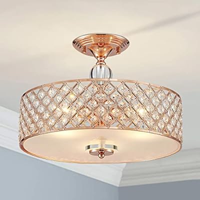Saint Mossi Semi Flush Mount Ceiling Chandelier, 3-Light Modern K9 Crystal Ceiling Light Fixture for Dining Room,Livingroom,Bedroom, H11 x D15.4, Rose Gold Finish