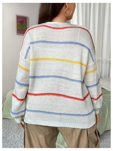 Image of Verdusa Women's Plus Size Striped Long Sleeve Open Front Loose Knitted Cardigan Sweater Beige Multi 1XL