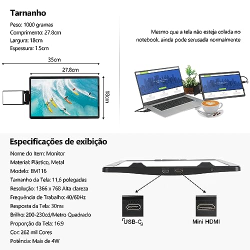 11.6” Monitor Portatil Para Notebook FHD IPS Extensor De Tela De Laptop Monitor De Computador Plug A