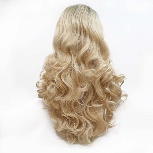 Miniatura 8 de Pelucas rubias de encaje frontal con raíces oscuras, parte libre de ondas de cuerpo, pelucas de encaje frontal sintéticas doradas degradadas para