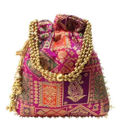 Image of MILAN'S CREATION Patola Potli Banarasi Silk Brocade Bag Purse Drawstring Women's handbag with Pearl Handle & Tassel Weddings (Multicolor- Magenta)