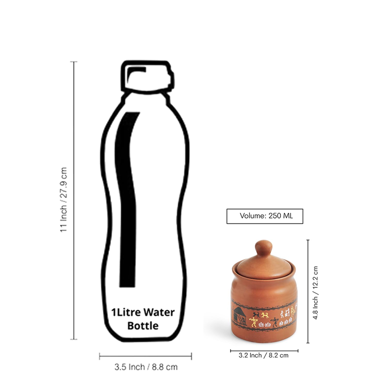 ExclusiveLane Warli Village Tales Lot de 2 bocaux à cornichons en céramique fabriqués à la main avec couvercle pour table de salle à manger, 250 ml, non hermétiques, passent au micro-ondes