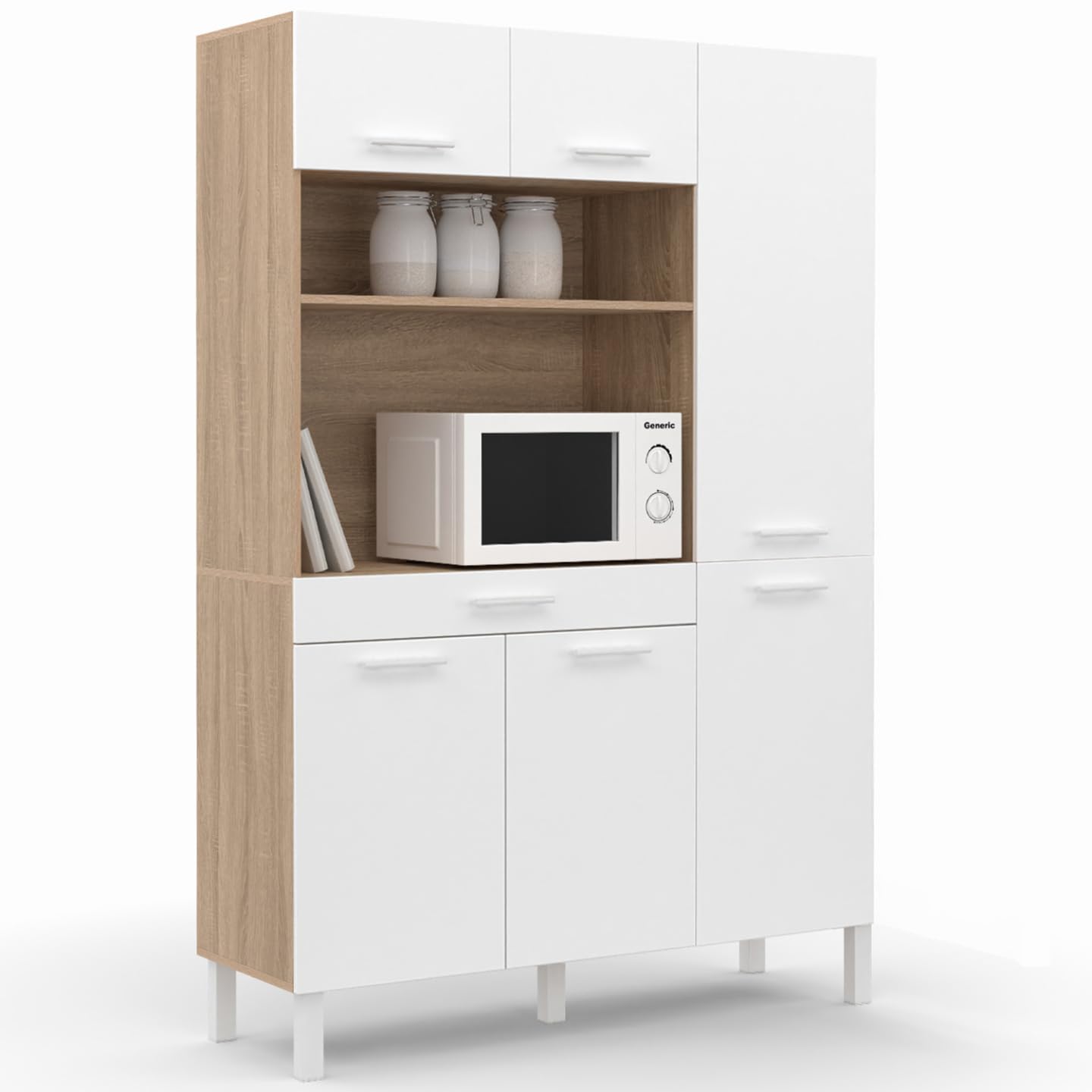 IDMarket - Aparador de cocina CINA con mueble de 120 CM, 6 puertas + cajón, acabado haya y blanco